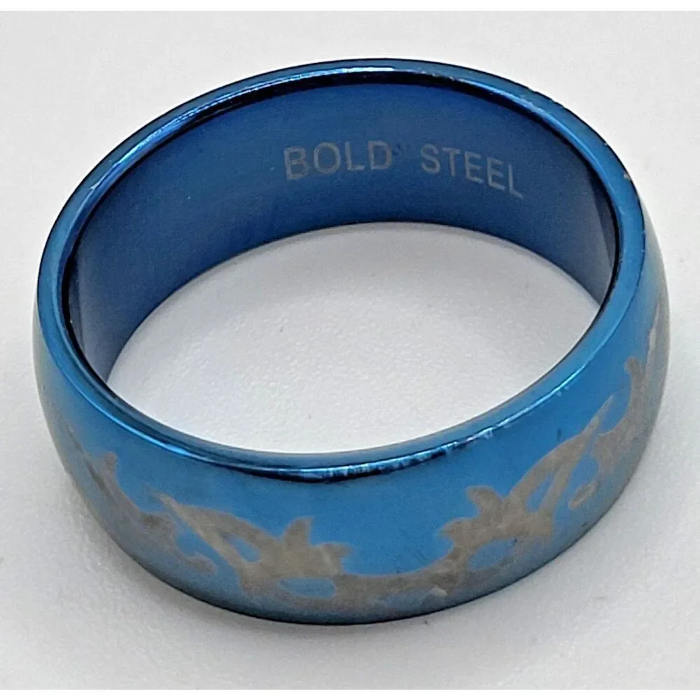 Stainless Steel Laser-Engraved Tribal Blue Anodized Finish Ring Size 8.5
